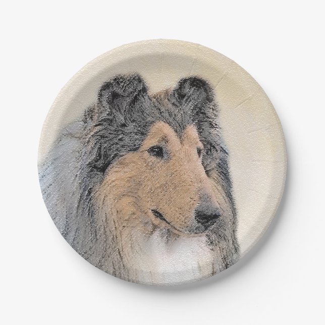 Collie (Rough) Painting - Cute Original Dog Art Paper Plate (Front)