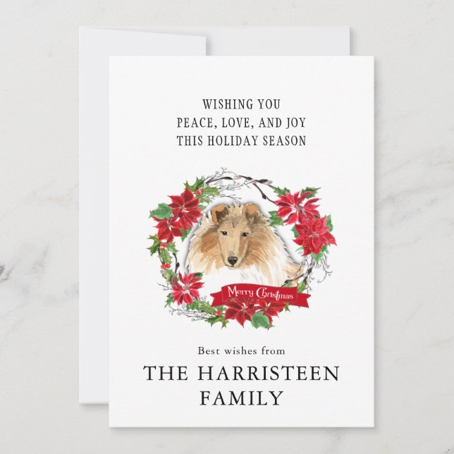 Collie Rough Watercolor Poinsettia Dog Head Holiday Card (Front)