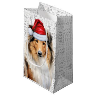 Collie Santa Dog Holiday Woof Word Art Christmas Small Gift Bag