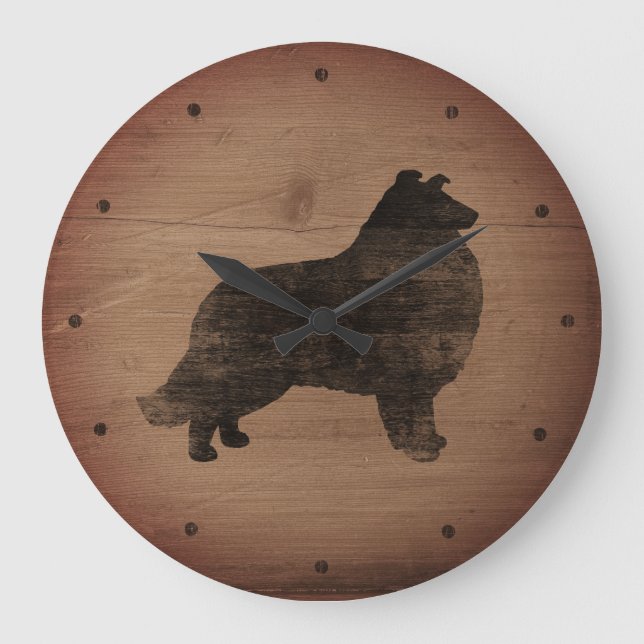 Collie Silhouette Rustic Style Large Clock (Front)