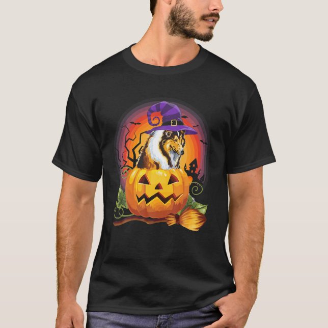 Collie Witch Pumpkin Halloween Dog Lover Costume T-Shirt (Front)