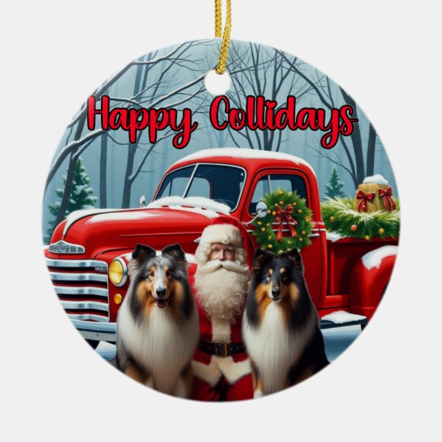 Collies, Santa, Red Truck Ornament (Front)