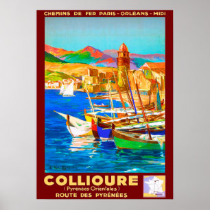 Collioure, Pyrenees, France, boats on port,vintage Poster