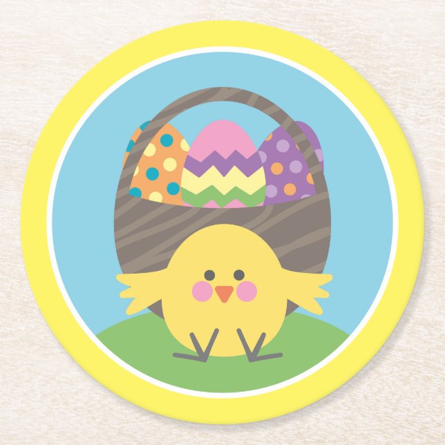 Coloful Chick and Easter Eggs Easter Party Round Paper Coaster (Front)