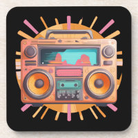 Coloful retro 80s boombox with a sunburst in the.