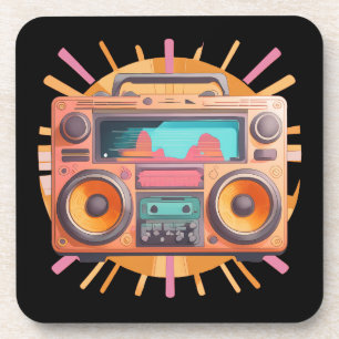 Coloful retro 80s boombox with a sunburst in the. coaster