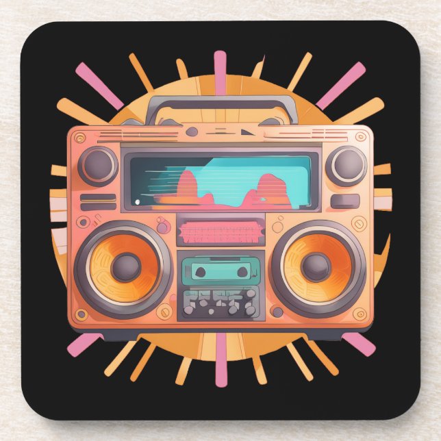 Coloful retro 80s boombox with a sunburst in the. coaster (Front)