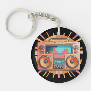 Coloful retro 80s boombox with a sunburst in the. key ring