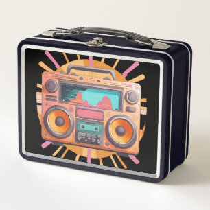Coloful retro 80s boombox with a sunburst in the. metal lunch box