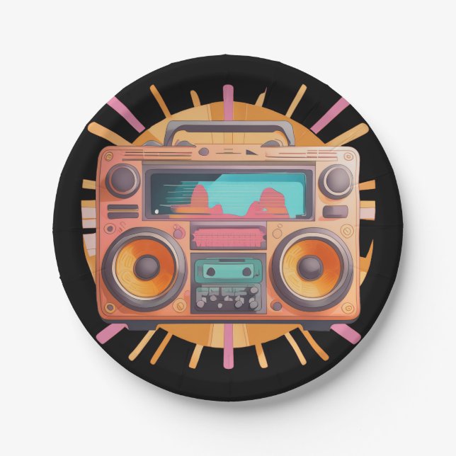 Coloful retro 80s boombox with a sunburst in the. paper plate (Front)