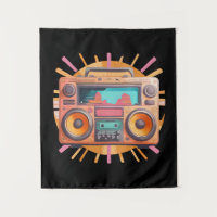 Coloful retro 80s boombox with a sunburst in the.