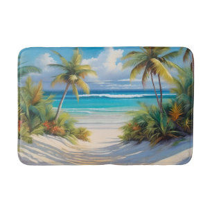 Coloful Tropical Paradise Sea & Palm Trees Bath Mat