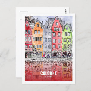 Cologne Germany Famous Travel Watercolor Sketch Postcard