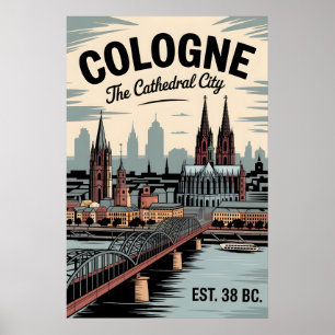 Cologne Germany Retro Skyline Cityscape Travel Poster