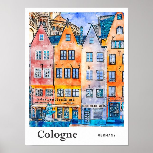 Cologne Germany Travel Watercolor Hand Drawn Poster (Front)
