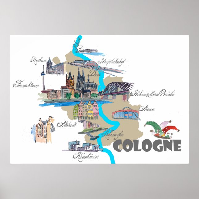 Cologne map with tourist highlights poster (Front)