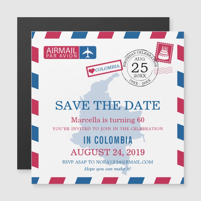 Colombia Airmail Birthday Celebration Magnetic Invitation (Front/Back)