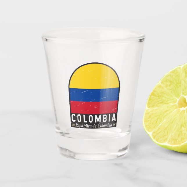 Colombia Flag Emblem Distressed Vintage Shot Glass (Front)