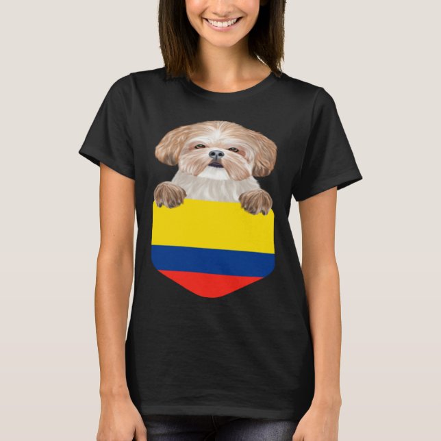 Colombia Flag Shih Tzu Dog In Pocket T-Shirt (Front)