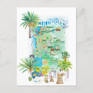 Colombia Illustrated Travel Map  Postcard
