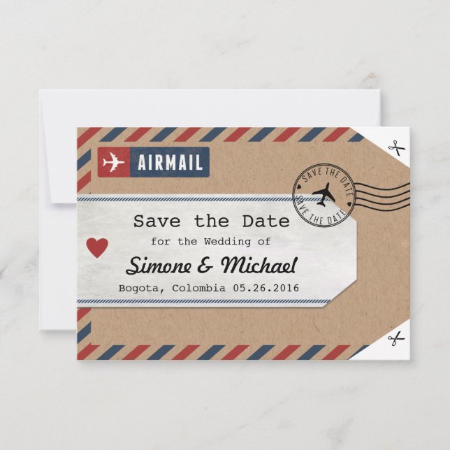 Colombia Map Airmail Luggage Tag Save the Date (Front)