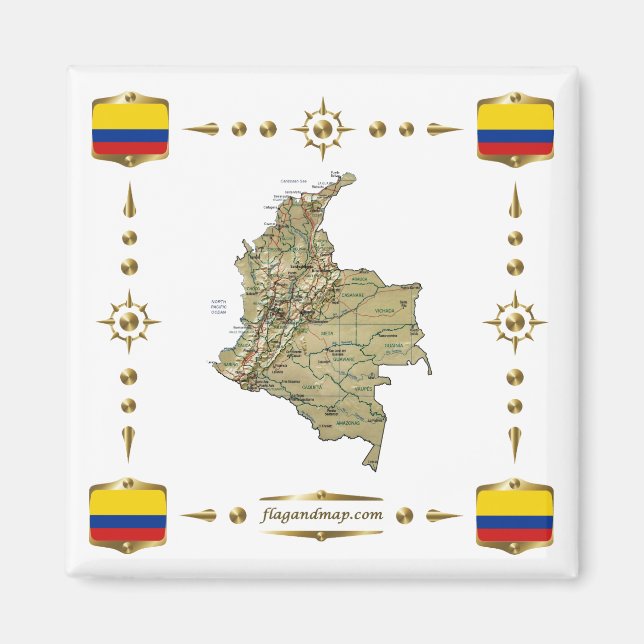 Colombia Map + Flags Magnet (Front)