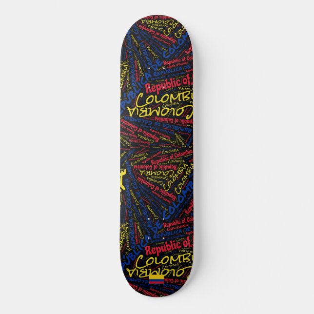 Colombia National Pride Wordcloud Skateboard (Front)
