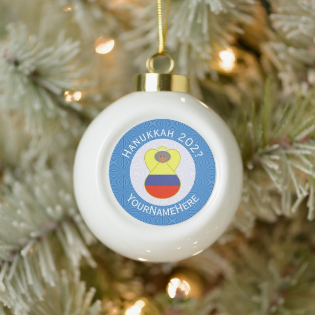 Colombian Abuela Angel Hanukkah Flag Personalised  Ceramic Ball Christmas Ornament (Tree)