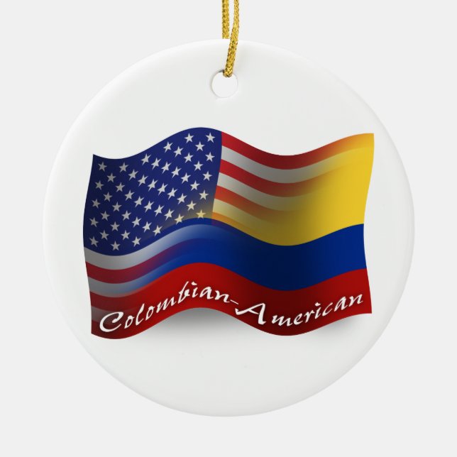 Colombian-American Waving Flag Ceramic Tree Decoration (Front)