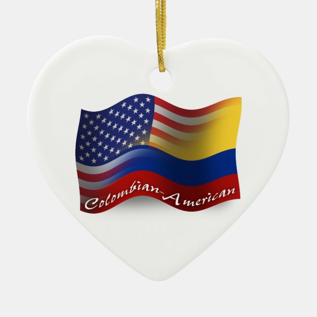 Colombian-American Waving Flag Ceramic Tree Decoration (Front)