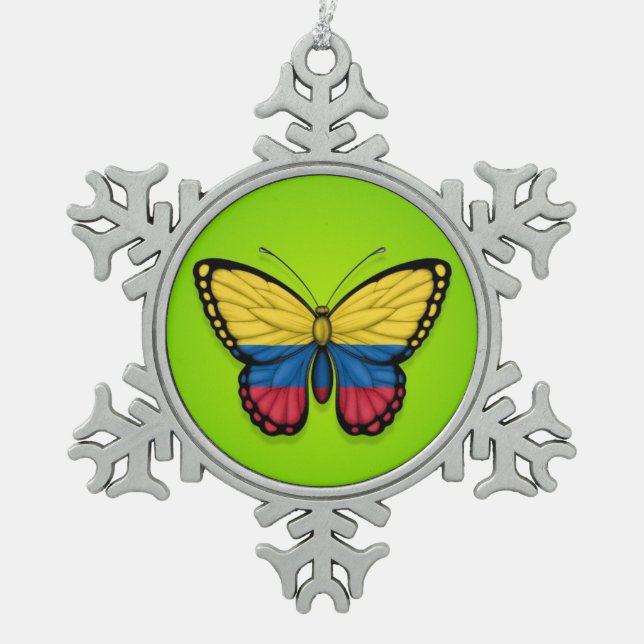Colombian Butterfly Flag on Green Snowflake Pewter Christmas Ornament (Front)