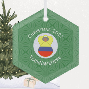 Colombian Christmas Angel Abuela Name Year Hexagon Glass Tree Decoration
