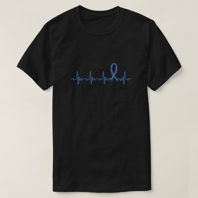 Colon Cancer Awareness Blue Ribbon Heartbeat T-Shirt (Design Front)
