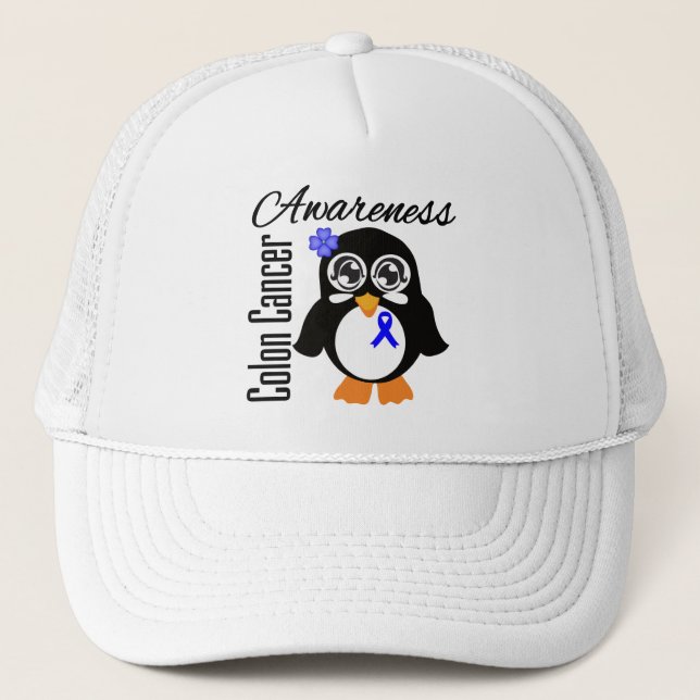 Colon Cancer Awareness Penguin Trucker Hat (Front)