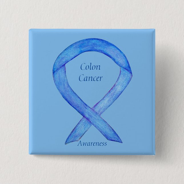 Colon Cancer Blue Awareness Ribbon Custom Art Pin (Front)