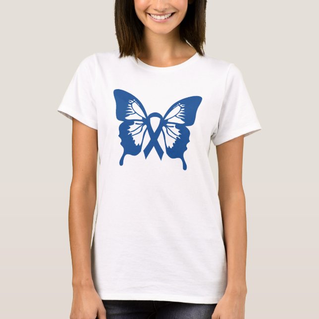 Colon Cancer t-shirt with Blue Butterfly & ribbon (Front)