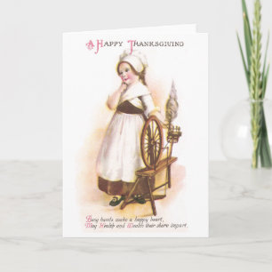 Colonial American Girl and her Spinning Wheel Holiday Card