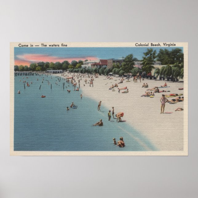 Colonial Beach, VA - Sunbathing & Swimming Scene Poster (Front)
