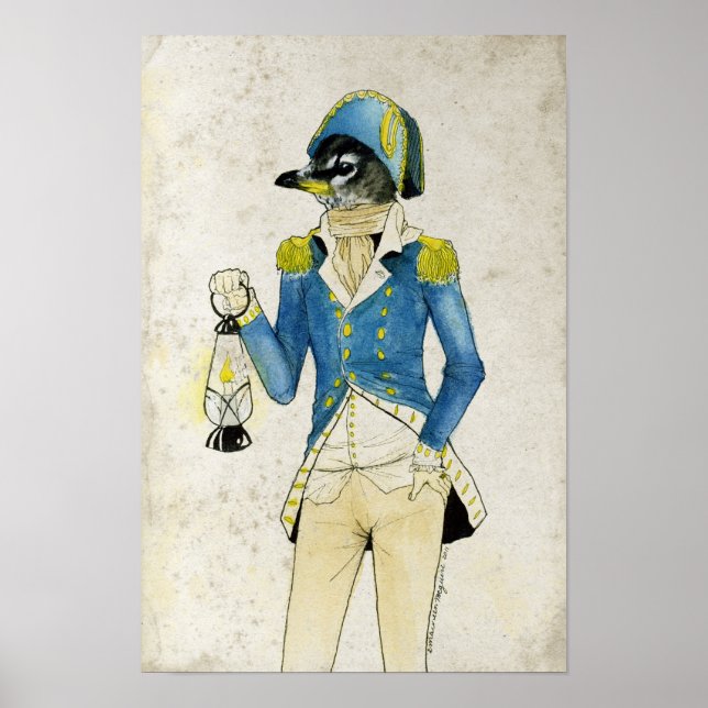 Colonial Bird Watercolor, Holding Old Lantern Poster (Front)