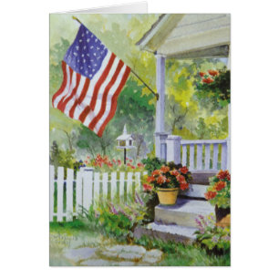 Colonial Country Home American Flag Front Porch