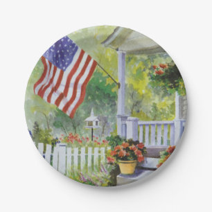 Colonial Country Home American Flag Front Porch Paper Plate