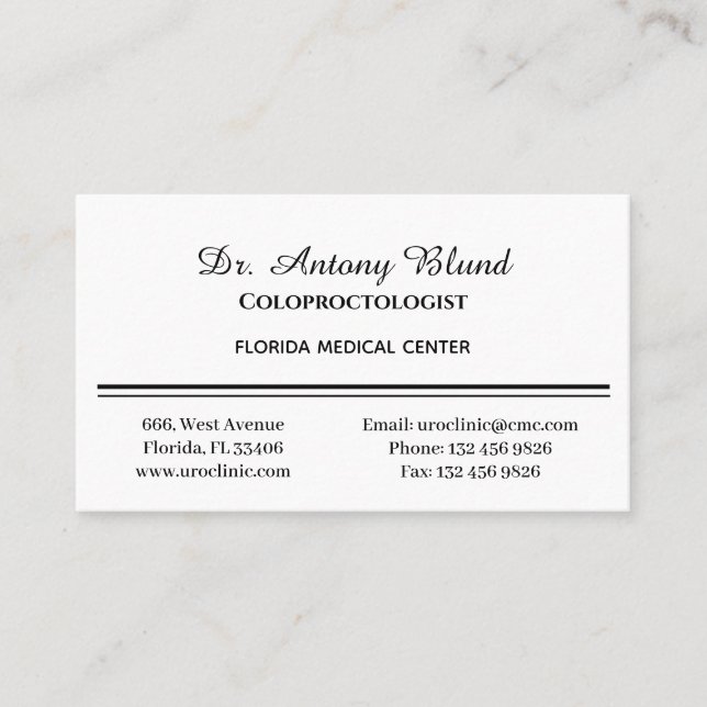 Coloproctologist Surgeon Simple White and Black Business Card (Front)