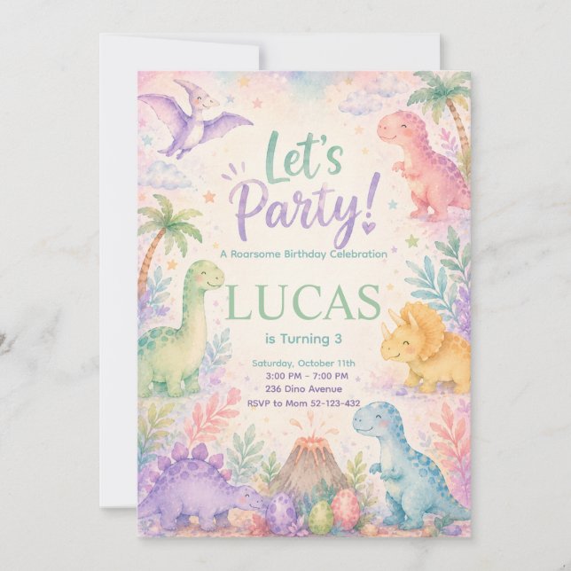 Color Dinosaur Birthday Invitation Editable (Front)
