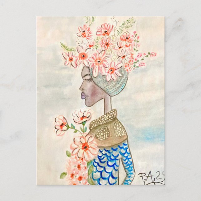 color girl with flowers illustration postcard (Front)