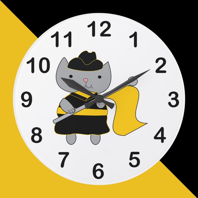 Color Guard Cat Black Yellow Marching Band Large Clock (A clock with a gray cat wearing a black and yellow color guard uniform.)