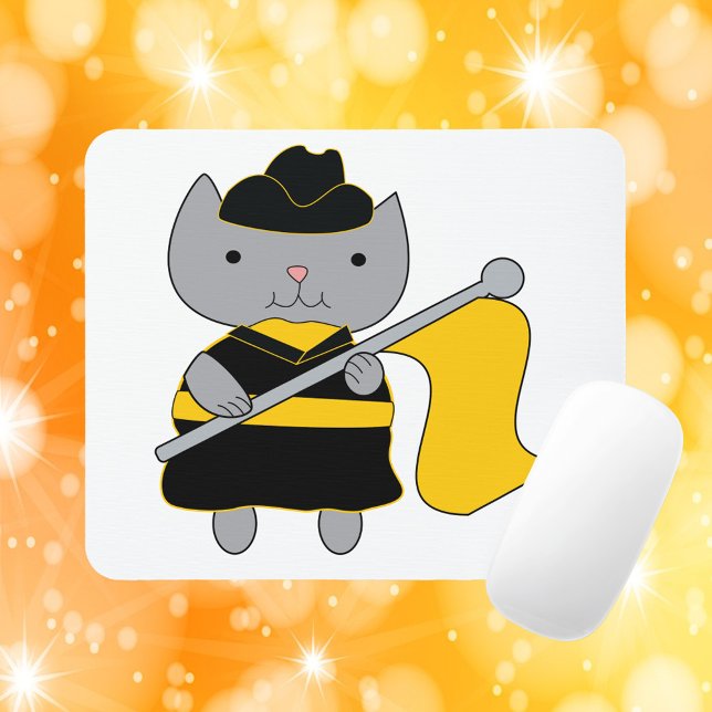 Color Guard Cute Cat Black and Yellow Mouse Mat (A mouse pad featuring a gray cat wearing a black and yellow color guard uniform.)