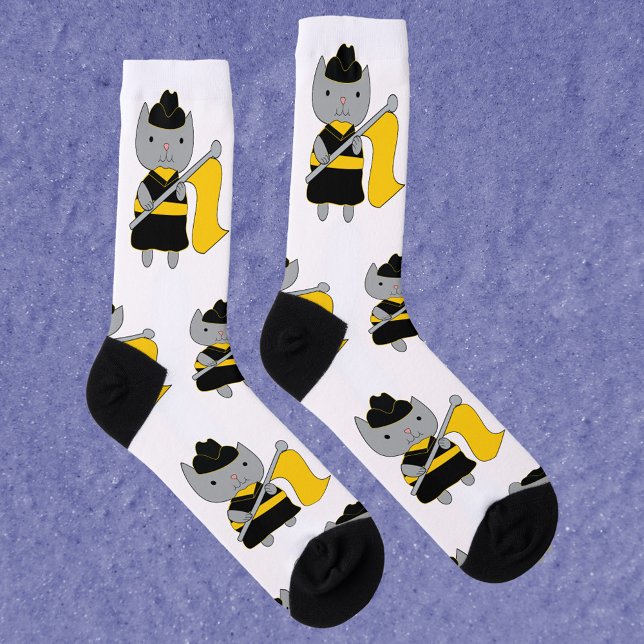 Color Guard Gray Cat Black Yellow Socks (A pair of socks featuring a gray cat wearing a black & yellow color guard uniform with a yellow flag)