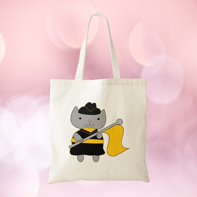 Color Guard Gray Cat Black Yellow Tote Bag (A tote bag featuring a gray cat with black and yellow color guard uniform.)