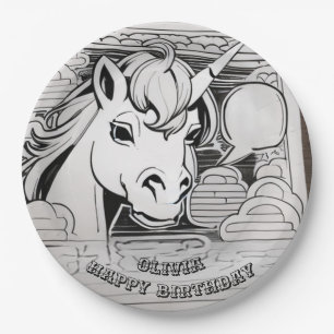 Color-In Unicorn Birthday Paper Plate, Custom Name Plate
