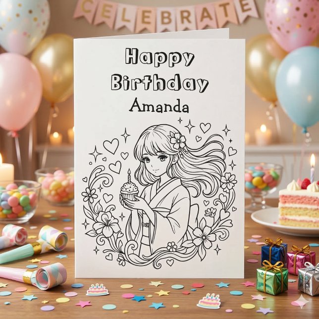 Color Me | Anime Girl and Cupcake Birthday Card (Creator Uploaded)